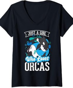 Womens Just a Girl who loves Orcas Killer Whales Ocean lover Orca V-Neck T-Shirt