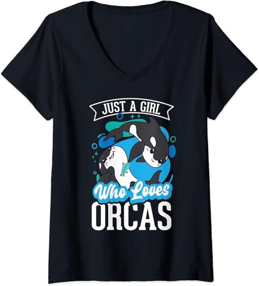 Womens Just a Girl who loves Orcas Killer Whales Ocean lover Orca V-Neck T-Shirt