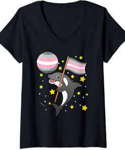 Womens Orca In Space Demigirl Pride V-Neck T-Shirt