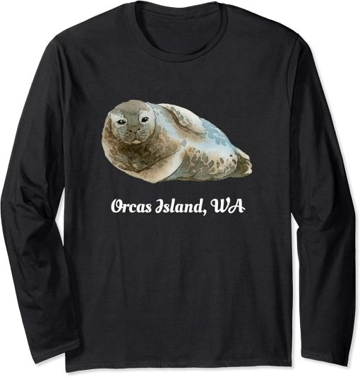 Orcas Island WA Cute Harbor Seal Watercolor Art Sea Animal Long Sleeve T-Shirt