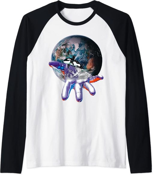 Orca Motif Whale Ocean Predator Design Animals Orcas Raglan Baseball Tee