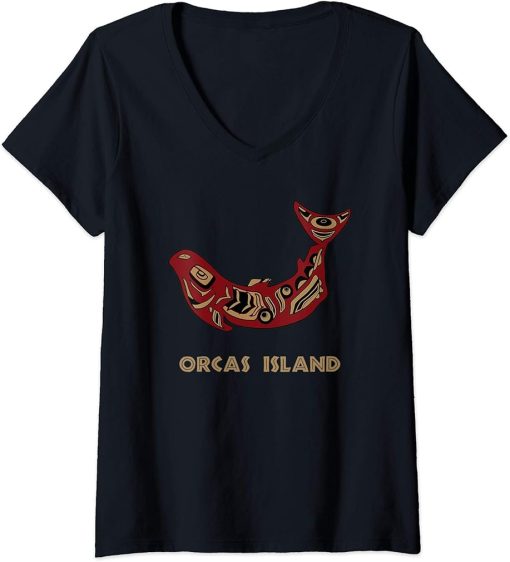 Womens Orcas Island Washington Native American Salmon Fishermen Art V-Neck T-Shirt